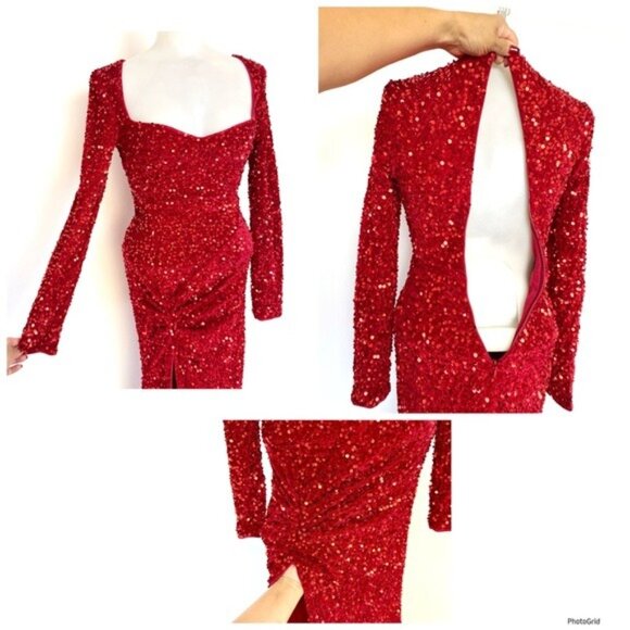 FAERIESTY red Sweetheart Neck Split Thigh Sequin Formal Dress XSmall - Picture 13 of 15
